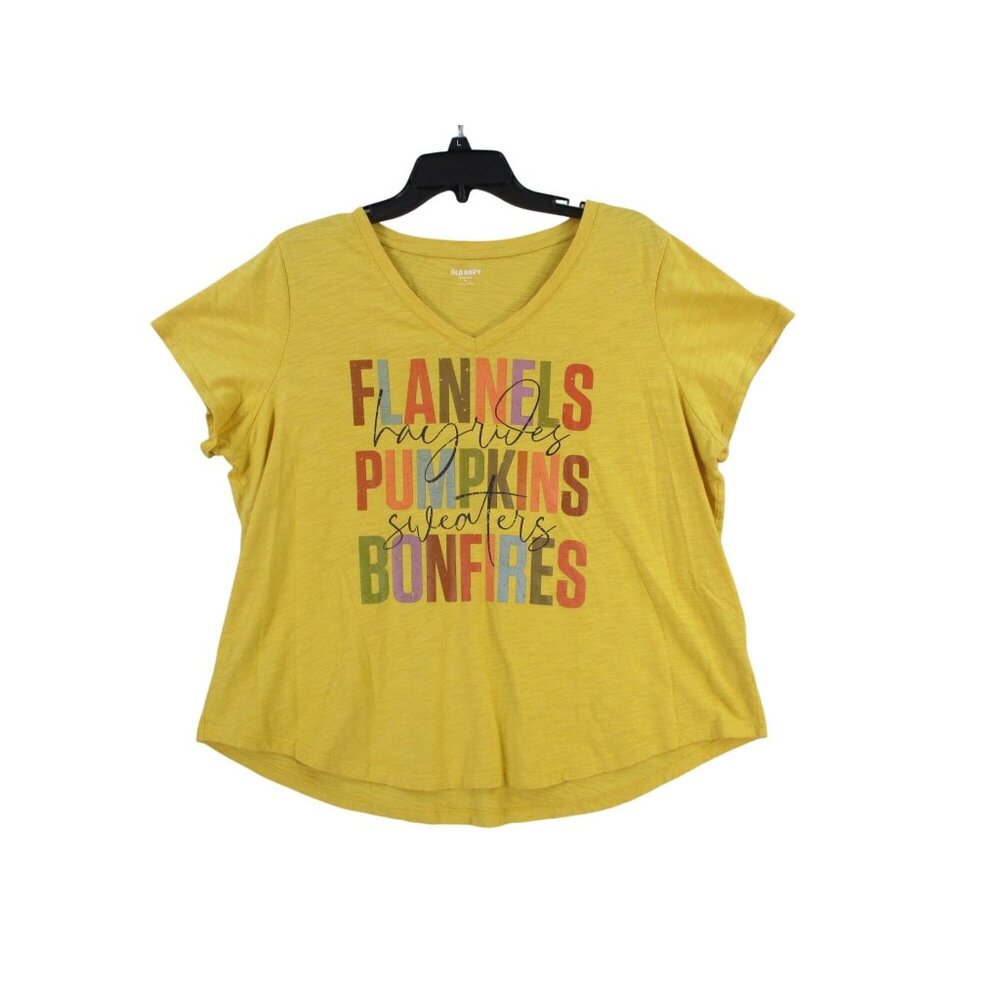 Old Navy Flannels Pumpkins Bonfires Autumn Graphic Tee Shirt Womens XL Yellow‎